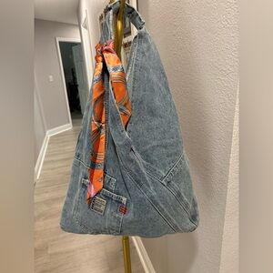 Denim Shoulder Bag with Orange Accent Scarf